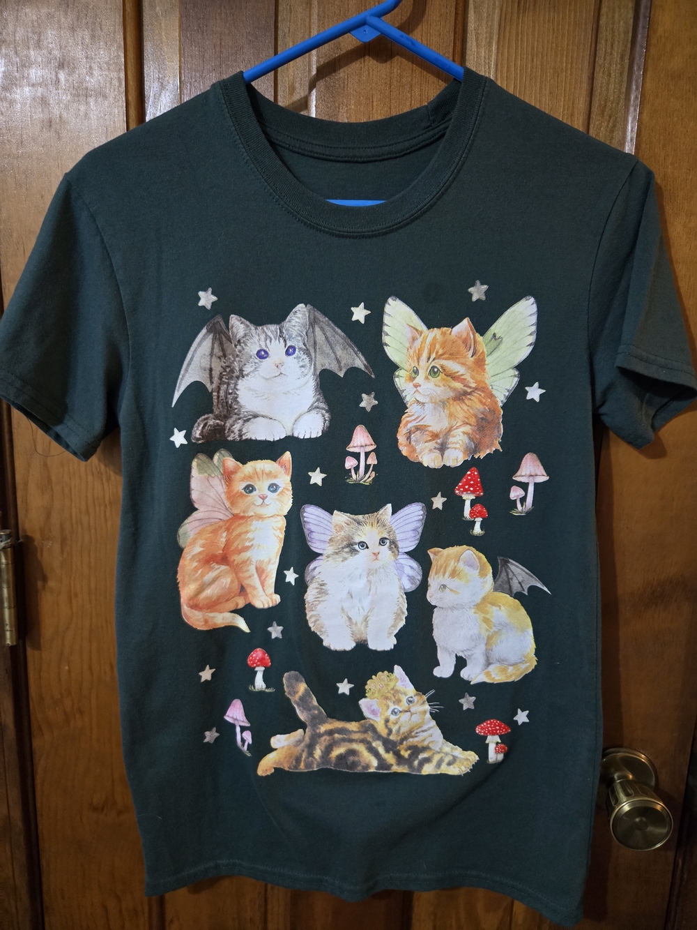 Pets Cat Dark Green T-Shirt with Fantasy Kitten Illustrations